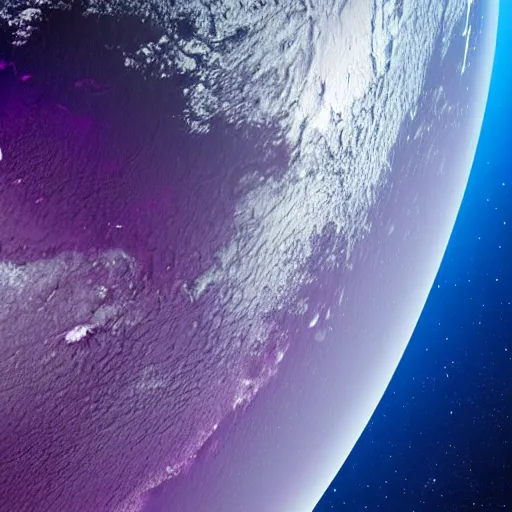 Image similar to close - up of a purple planet from the space, seas mountains and clouds on its surface