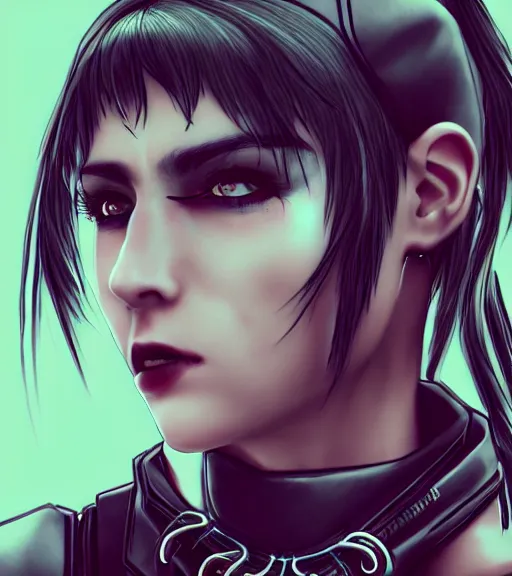 Image similar to detailed realistic female character cyberpunk wearing thick large collar around neck, realistic, art, beautiful, 4K, collar, choker, collar around neck, punk, artstation, detailed, female, woman, choker, cyberpunk, neon, punk, collar, choker, collar around neck, thick collar, tight around neck, punk,