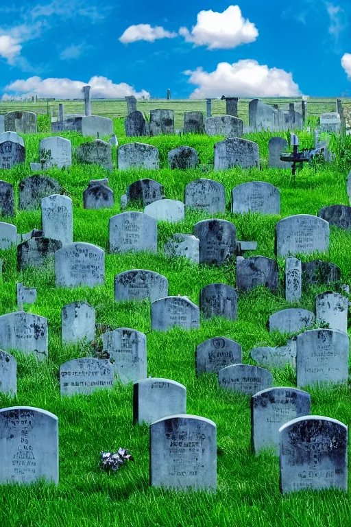 Image similar to realistic detailed photo of the windows xp bliss hills screensaver saturated cloudy blue skies with a graveyard, with many worn gravestones, hyper detailed, sigma 5 0 mm, flickr