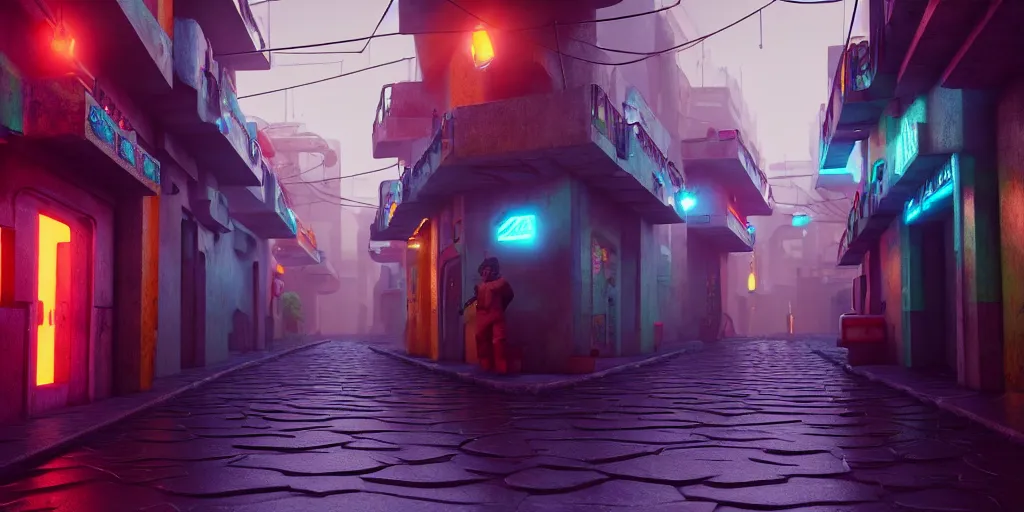 Image similar to a futuristic small mexican town cobbled street, blade runner 2 0 4 9 guanajuato alleys, futuristic colonial city architecture, mexican dia de muertos decorations, environmental lighting, stromy weather, ray tracing, amazing view, highly detailed, neon shops, octane render, unreal engine 5, 4 k