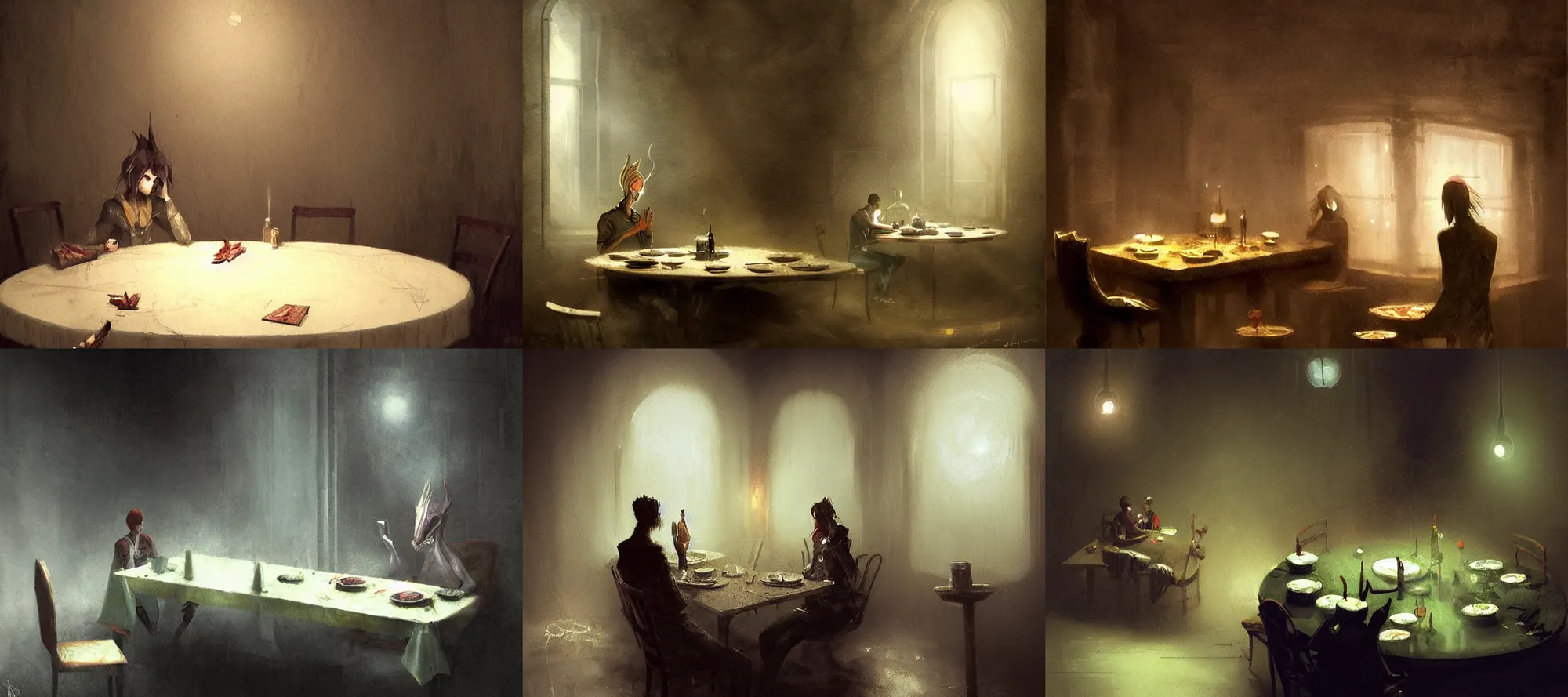 Prompt: serperior silent hill eating dinner at a table in the backrooms happiness is temporary by greg rutkowski