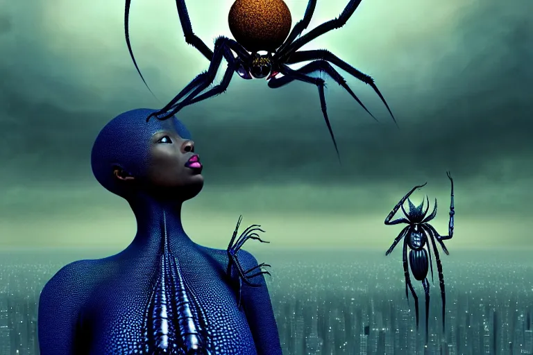 Image similar to realistic detailed photorealistic film portrait shot of a beautiful black woman with a giant spider, sci - fi city landscape background by denis villeneuve, amano, yves tanguy, alphonse mucha, ernst haeckel, max ernst, andrei tarkovsky, edward robert hughes, roger dean, necklace, dynamic pose, rich moody colours, wide angle, blue eyes