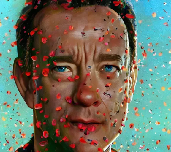 Image similar to Tom hanks as forrest gump wearing a necklace made out of shrimps around the neck, realistic face, digital art, in the style of Daniel Conway, amazing detail, artstation, long shot