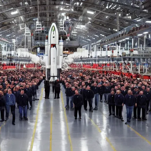 Image similar to a wide shot of a clone army of Jeff Bezos, preparing to board a large rocket. Hyper realistic, photojournalism.