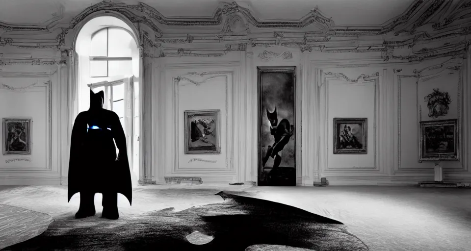 Image similar to Batman standing in giant Italian modern castle living room, clean minimalist design, that is 1300 feet tall, with very tall giant walls filled with modern art paintings, doors that are cosmic portals, photo by Annie Leibovitz