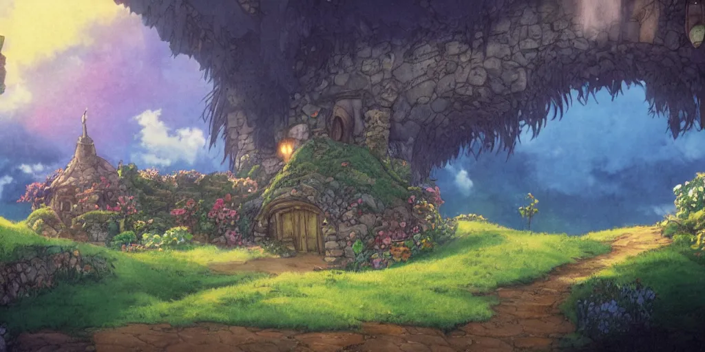 Prompt: a still of a background from howl's moving castle of hobbiton, studio ghibli, light bloom