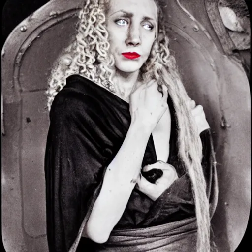 Prompt: a woman looking sick and curled up in a ball on the deck of a ship, a beautiful english woman with a long face narrow nose pale skin blue eyes red lips and wild messy tangles of curly white blonde hair, high resolution film still wearing a black robe and skull necklace and holding a spear, sandy, a journey to the west