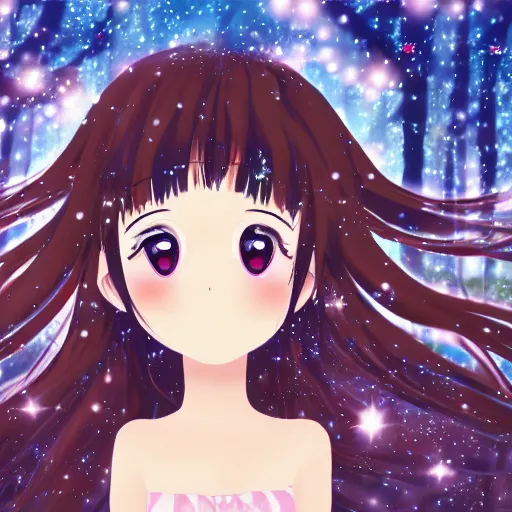 Prompt: photo of an adorable anime girl with long brown hair, looking partly to the left, blue shining eyes, light makeup, light pink lipstick, bokeh forest background, 4k, highly detailed, cel-shaded, anime art style, cartoon