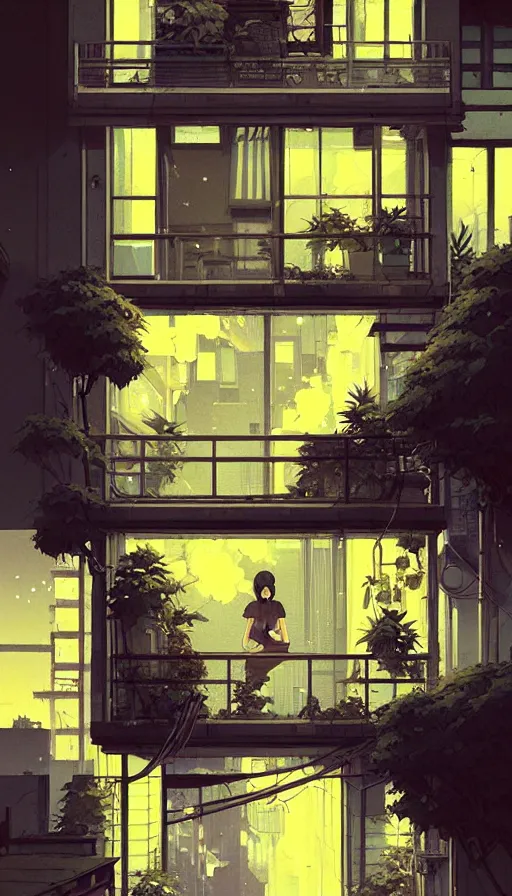 Image similar to hyper - realistic portrait of tokyo balcony at night, lots of signs and plants, in style of atey ghailan, by greg rutkowski, by greg tocchini, by james gilleard, by joe fenton, by kaethe butcher, dynamic lighting, gradient light yellow, brown, blonde cream and white color scheme, grunge aesthetic