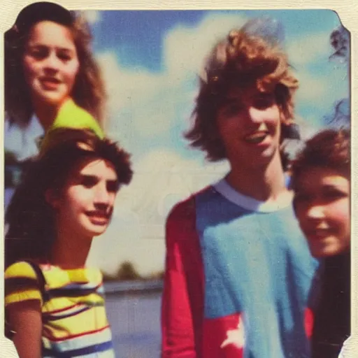 Image similar to French teenagers in the 80's, flash color polaroid, detailed