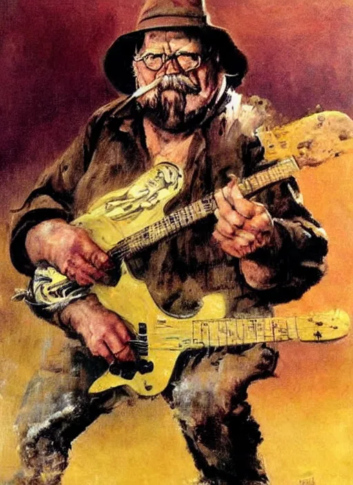 Image similar to Wilford Brimley shredding on an electric guitar, painting by Frank Frazetta