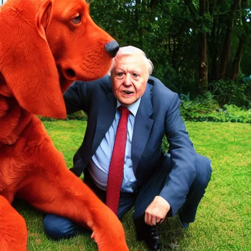 Prompt: Sir David Attenborough with Clifford the Big Red Dog