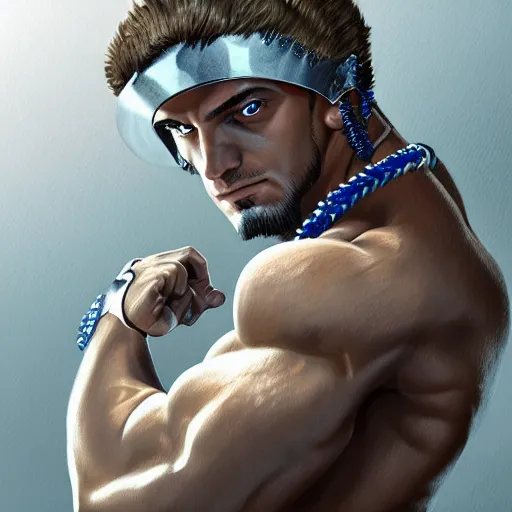 Image similar to handsome portrait of a spartan guy bodybuilder posing, intricate details, trending on artstation, sharp focus, caustics, radiant light, 4 k, style of vento aureo cover art, style of stone ocean cover art, style of steel ball run cover art, ilya kuvishinov style, illustrated by hirohhiko araki