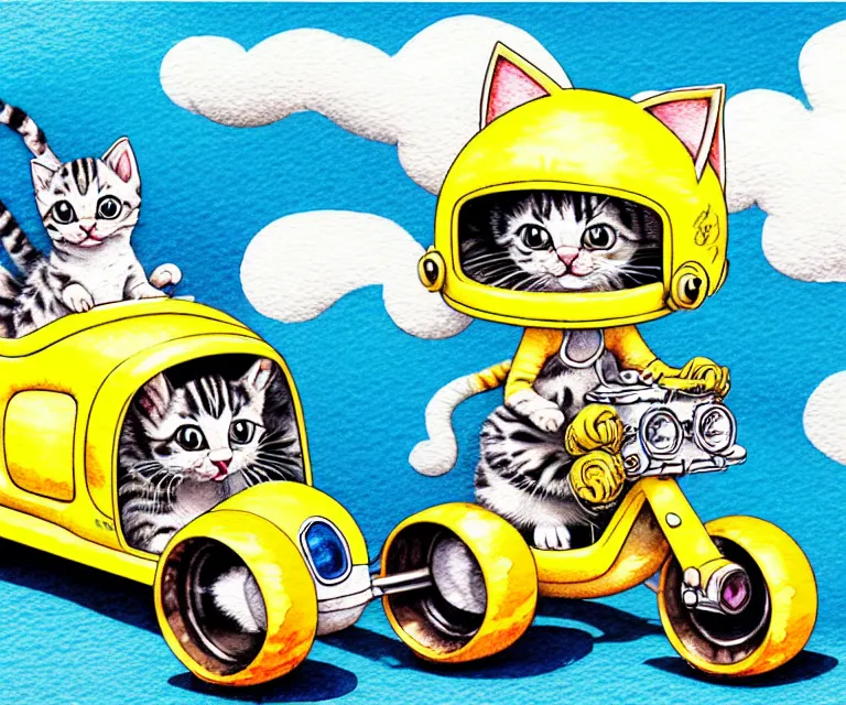 Image similar to cute and funny, kitten wearing a helmet riding in a tiny hot rod with an oversized engine, ratfink style by ed roth, centered award winning watercolor pen illustration, isometric illustration by chihiro iwasaki, edited by range murata, tiny details by artgerm and watercolor girl, symmetrically isometrically centered, sharply focused