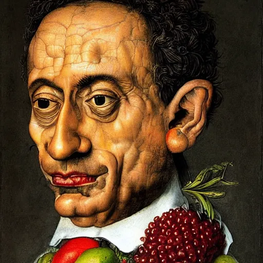 Prompt: Giuseppe Arcimboldo's fruit and vegetable portrait of Nicolas Sarkozy