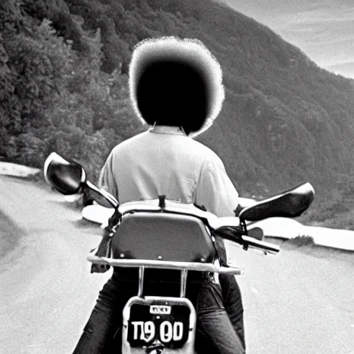 Prompt: bob ross screaming on back of a motorcycle