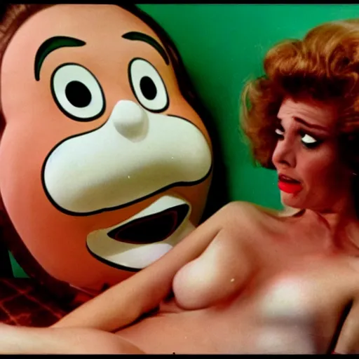 Prompt: bored housewife meets a man with an inflatable cartoon face in a seedy motel room, 1982 color Fellini film, ugly motel room with bad art on the dirty walls, archival footage, technicolor film, 16mm, live action, John Waters, wacky children's tv campy comedy