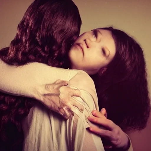 Prompt: creepy jesus christ hovering over a young woman rubbing her shoulder and sniffing her hair.