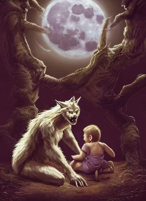 Image similar to a werewolf and a human child sitting next to each other, seen from behind, looking at the moon, fantasy art, matte painting, highly detailed