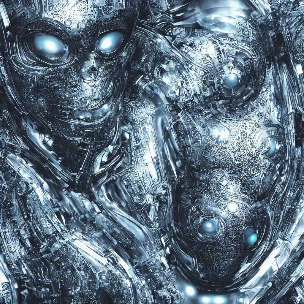 Image similar to an insanely detailed cibernetic artwork of a futuristic artificial intelligence superstar, extremely detailed water texture, centered image, perfectly symmetrical alien face, with frames made of detailed fractals, octane render, 4k, insanely detailed, detailed grid as background, cgi
