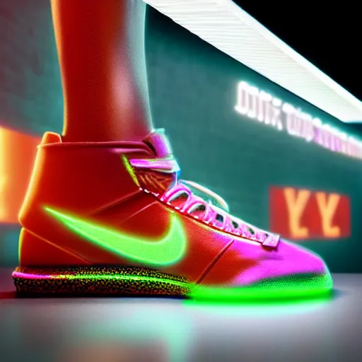 Image similar to extremely detailed realistic advertsing photograph of a ciberpunk mayan sneakers with neon lights by nike, bokeh, product shot view in studio, ArtStation, CGSociety