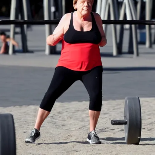 Image similar to angela merkel working out at muscle beach l. a., lots of muscles, good body