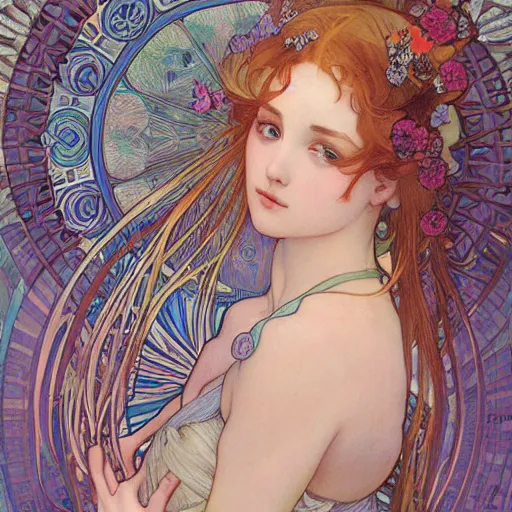 Prompt: girl in a long dress underwater, caustics, painting by Alphonse Mucha Ayami Kojima Amano Charlie Bowater