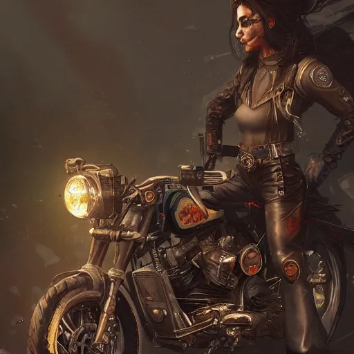 Prompt: harley davidson , highly detailed, illustration, fantasy art, in the style of greg rutkowski, epic, fantasy, intricate, hyper detailed, artstation, concept art, smooth, sharp focus, ray tracing