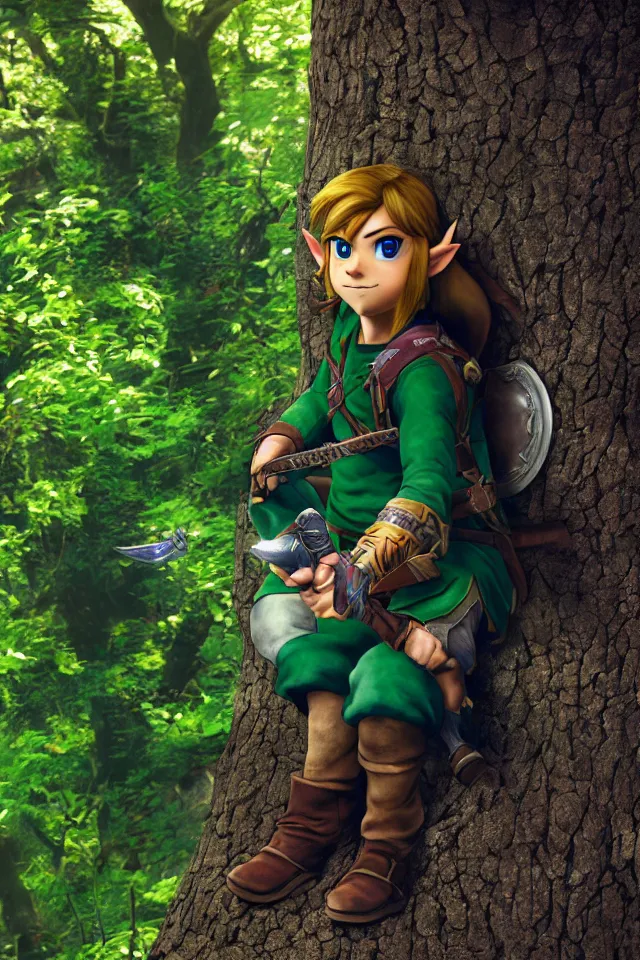 Image similar to close - up portrait of link sitting in woods of hyrule playing ocarina, ultra detailed, hdr, photorealism, cinematic scene, beautiful light