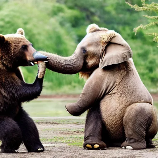 Prompt: A professional photo of a bear and an elephant dancing