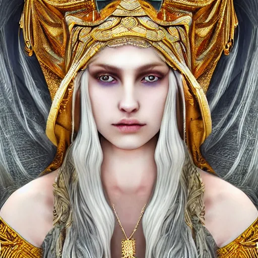 Image similar to highly detailed sharp photorealistic portrait of a beautiful lithuanian female priestess with shimmering hair, symmetrical face and eyes, dressed in intricate flowing silk, the silky cloth lined with golden glowing letters, cgsociety, Elden Ring, Dark Souls, Bloodborne H 640