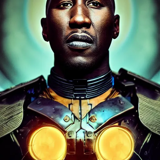 Image similar to mahershala ali portrait, dystopia core, apocalyptic, armor, warrior, dramatic, sharp focus, fiction, neon, fantasy, hyper detailed, digital art, trending in artstation, cinematic lighting, studio quality, smooth render, unreal engine 5 rendered, octane rendered, art style and nixeu and wlop and krenz cushart