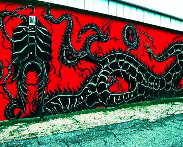 Image similar to a wall that has some lovecraftian graffiti on it inspired by wretched dragon rib cage. red and black colors. the art is horrific.