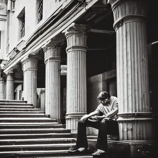 Prompt: an urban landscape with a marble staircase where a man is sitting on the ground thinking about is sins, photography vintage, 4 k