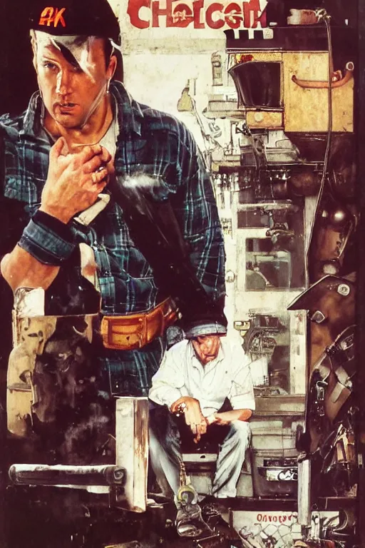 Image similar to sad ben affleck wearing checkered shirt and white cap, with a cigarettein mounth, and huge spanner, poster, by norman rockwell