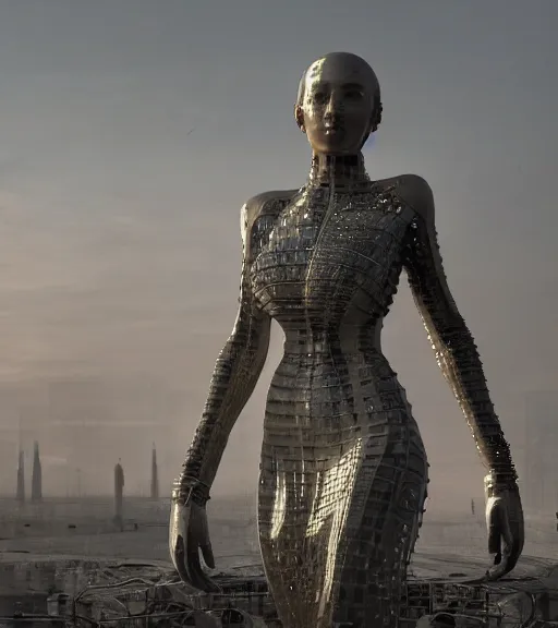 Image similar to tarkovsky greatest scene, the ancient destroyed majestic tower of babylon, woman in futuristic cyber clothing, transparent puffer jacket, hyper realistic, blockchain, cyber world, ambient lighting, concept art, intricate, hyper detailed, smooth, dynamic volumetric lighting, octane, ray trace, cinematic, high quality, high resolution, 4 k, cgsociety