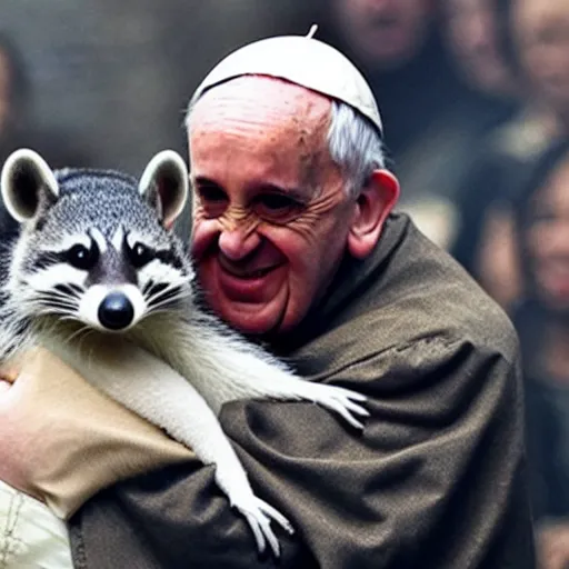 Image similar to Pope Francis hugging a racoon in game of Thrones