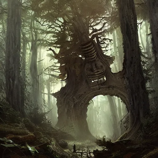 Image similar to a painting of a large skeleton!!! in a forest, a detailed matte painting by marc simonetti, behance contest winner, fantasy art, matte painting, concept art, matte drawing. masterpiece