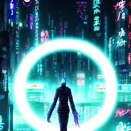 Image similar to Perfect circle portal leading to a vast neon cyberpunk Tokyo in style of Tsutomu Nihei. Cyberpunk, vertical symmetry, 8K, Highly Detailed, Intricate, Vivid.