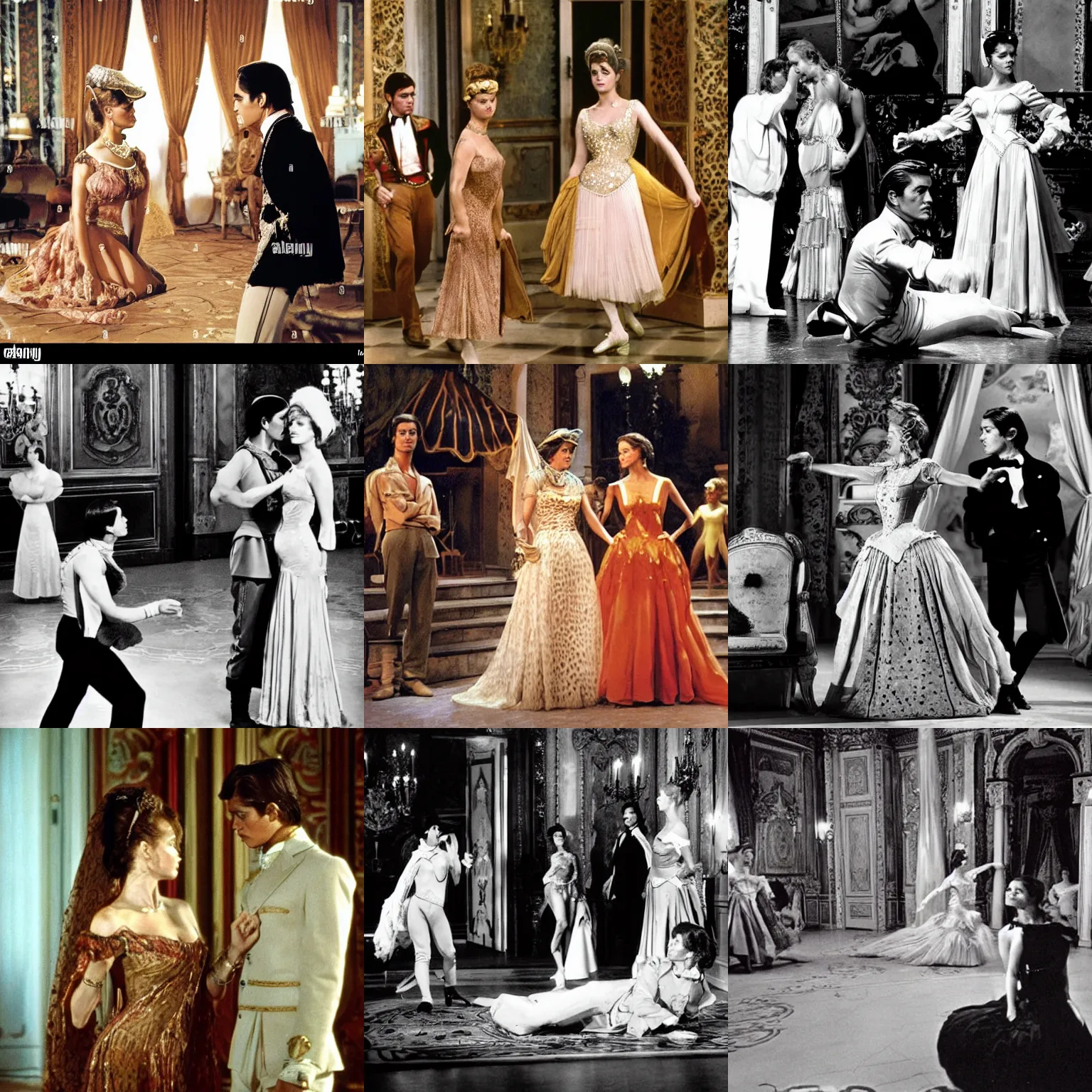 Prompt: ballroom scene from the leopard by luchino visconti with alain delon and claudia cardinale. alain delon is dressed as a soldier and claudia cardinale is dressed as venus in birth of venus. set in the 1 9 th century in an italian villa. technicolor!!!!, highly intricate, 5 0 mm