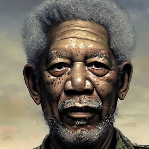 Image similar to an extremely detailed matte painting of a ridiculously good looking morgan freeman that looks like a jewish gigachad in the vietnam war, wearing a ballistic helmet from patton, long curly hair, camouflaged gear, very detailed, jungles of vietnam beautiful, intricate, cinematic, artstation, william bouguereau, alphonse mucha, greg rutkowski, stanley kubrick, octane render