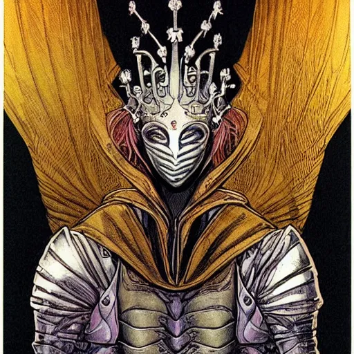 Image similar to beautiful portrait of the masked queen, phyrexian god, beautiful futuristic cape, elegant, ornamental armor, intricate, in the style of moebius