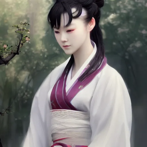 Image similar to a lovely girl in hanfu, by ruan jia, unreal engine, cg rendering, 8 k, closeup, smooth, trending on artstation, digital illustration, black hair