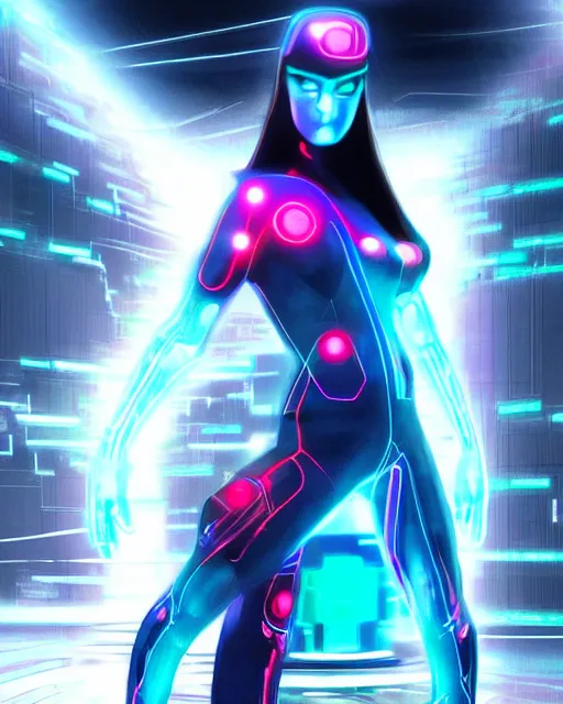 Image similar to a computer virus woman from Tron, wild, choatic villainess, corrupted data surrounds her, character design by jack kirby and syd mead, full color, full 3d environment, glowing datascape, intricate complexity, detailed portrait, intricate complexity, artgerm and artstation trending, quixel megascan