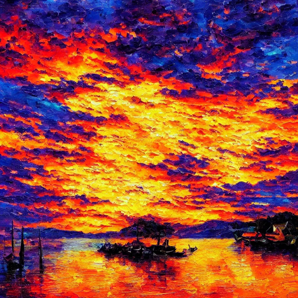 Image similar to an impasto oil painting of a stunning, colorful sunset painted by ken hong leung