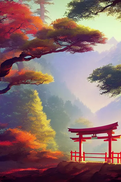 Prompt: traditional elegant delicate Japanese Torii in a colorful magic moutain with trees ,morning , sunshine ,by Grzegorz Rutkowski, concept art