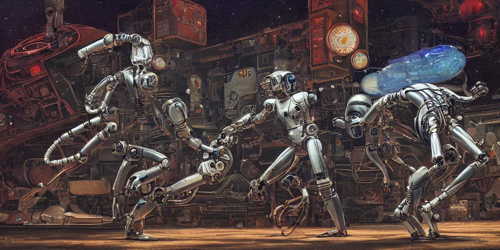 Prompt: digital painting of a robot doing mixed martial arts in space, by michael whelan and h. r. giger, highly detailed, steampunk, mix of styles, intricate, ghost in the shell color scheme, boxing, kickboxing, masterpiece, jiu jitsu