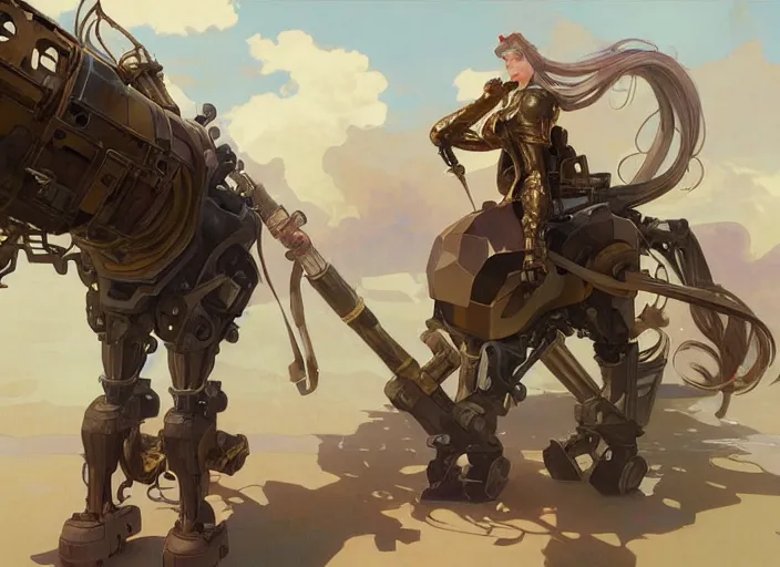 Image similar to a giant poney with a giant cannon in his back, exoskeleton, technology, chimeric, elegant, highly detailed, digital painting, artstation, concept art, smooth, sharp focus, illustration, art by krenz cushart and artem, demura and alphonse mucha