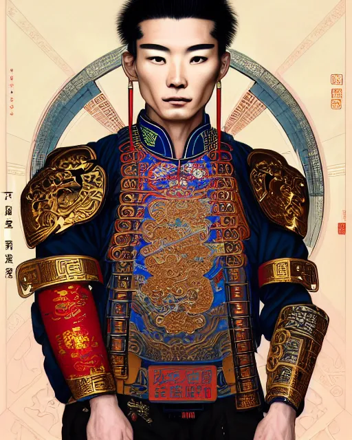 Image similar to portrait of a chinese masculine male cyberpunk machine, machine face, upper half portrait, decorated with chinese opera motifs, muscular, asian, fine china, wuxia, traditional chinese art intricate intense elegant 京 剧 highly detailed symmetry headpiece digital painting artstation concept art smooth sharp focus illustration, art by artgerm and greg rutkowski alphonse mucha 8 k