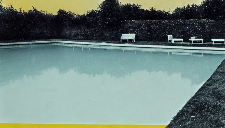 Image similar to 1 9 6 0 s movie still of empty light yellow tiles swimmingpool, low quality, liminal space style